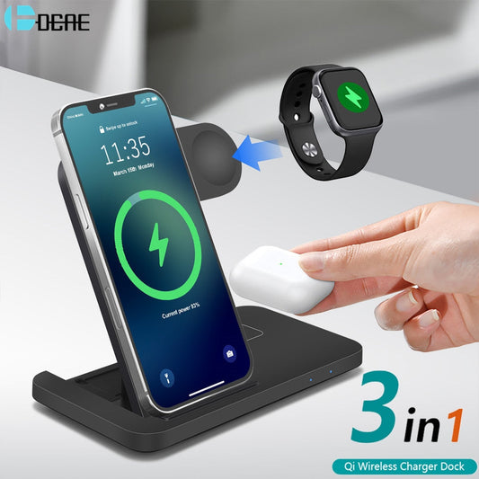 15W Qi Wireless Charger Stand for iPhoneSeries Fast Charging Dock Station For Apple Watch 7 6 SE AirPods Pro